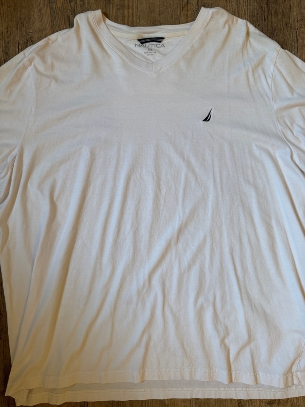 Nautica White V-Neck Long Sleeve Tee with Navy Sail Emblem